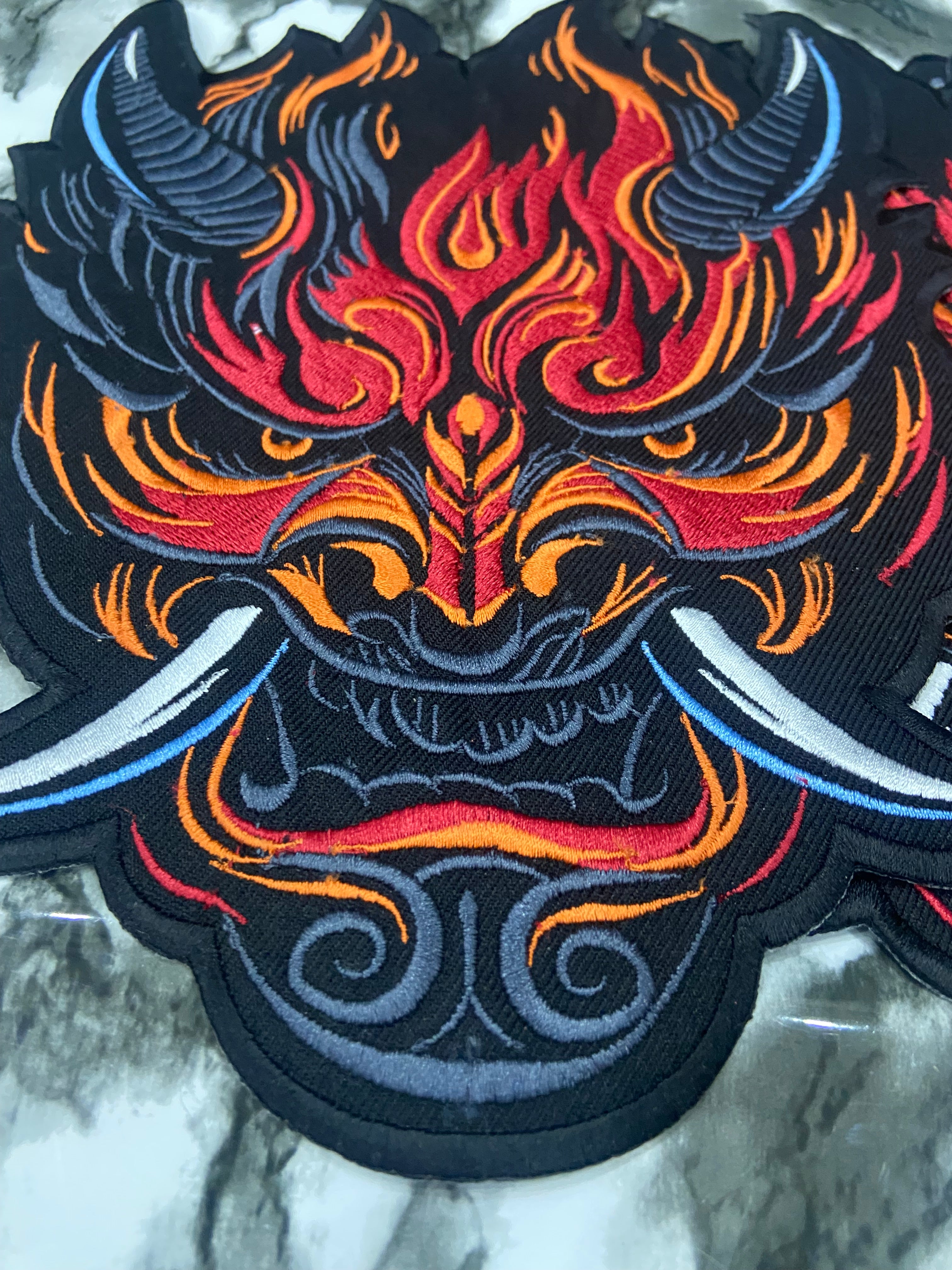 Cyberpunk Oni Fire Large Back Patch – Futuristic Streetwear Applique
