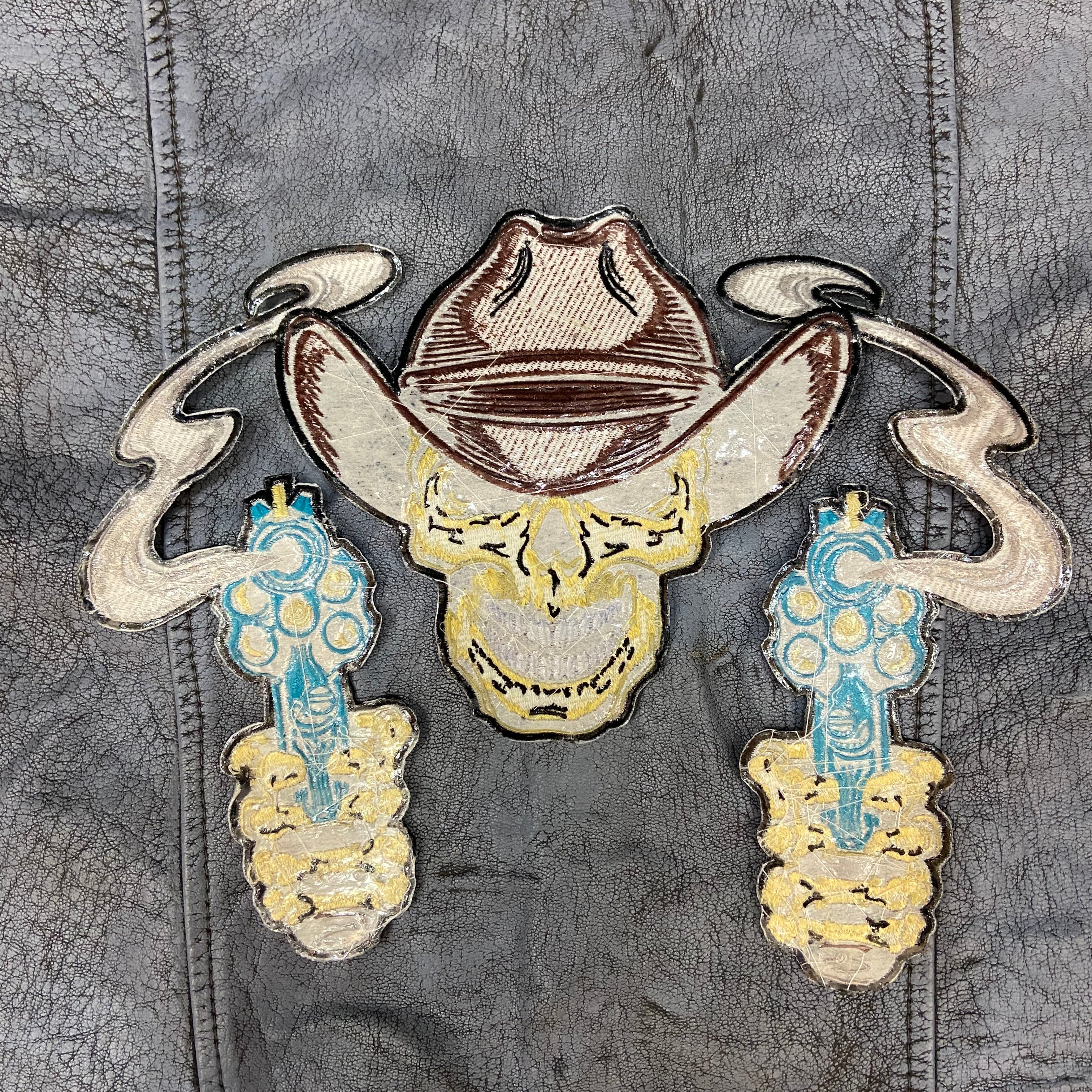 Outlaw Cowboy Skull Back Patch | Double Revolvers & Smoking Barrels | 12-Inch Custom Biker Vest Set