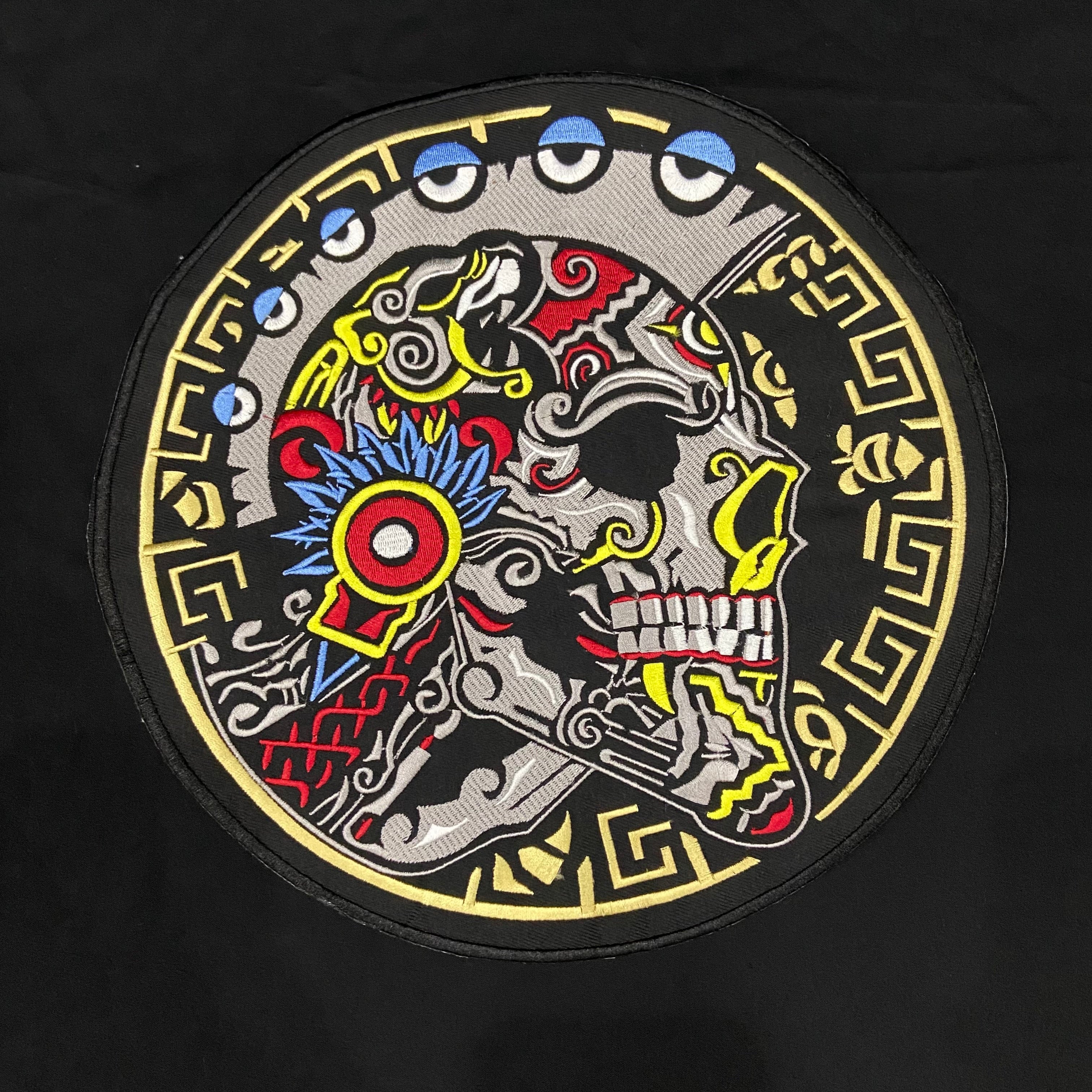Warrior Skull Patch | 12 Inch Aztec Calavera Embroidery | Tribal & Folk Art Applique