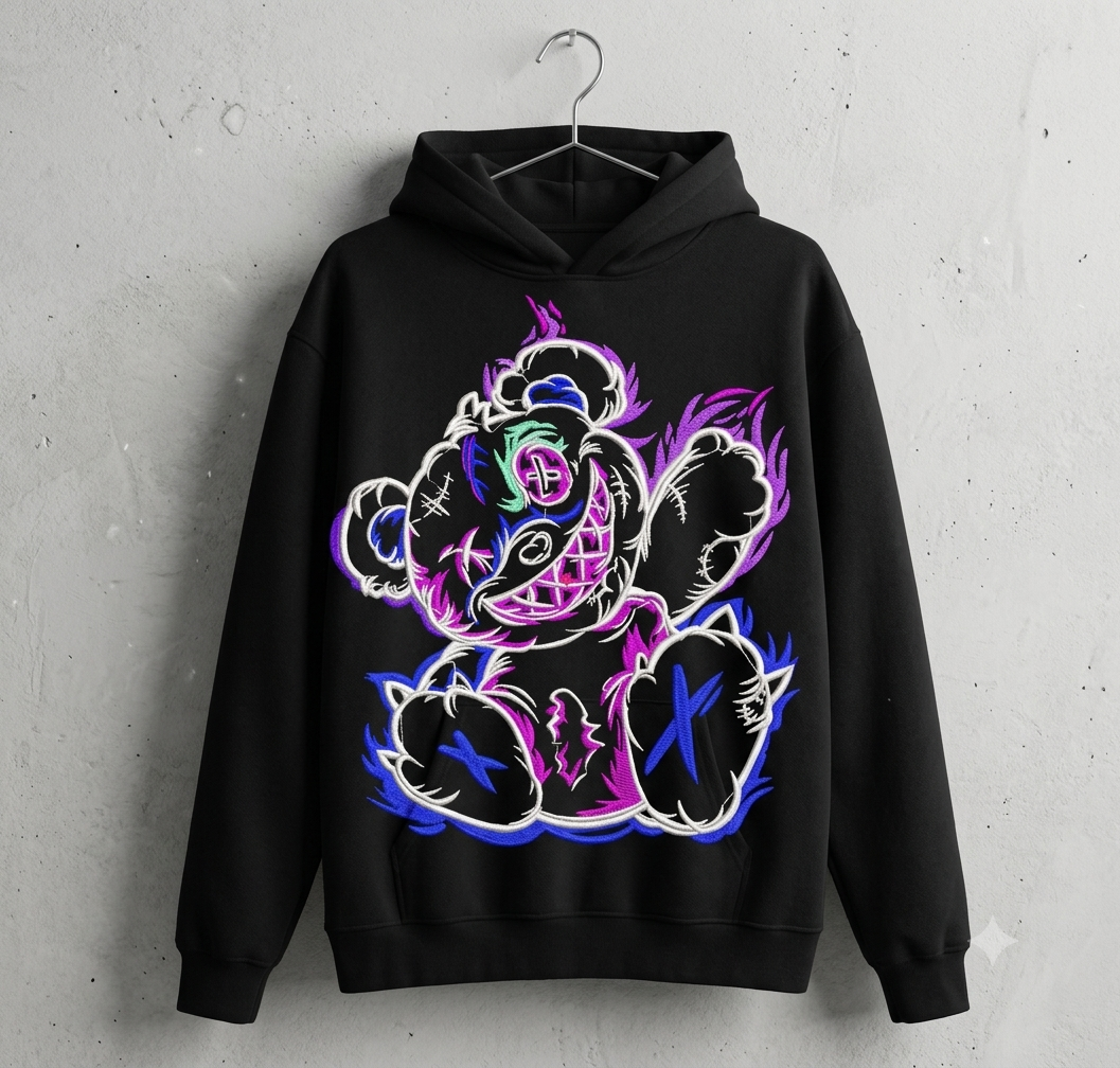 Streetwear Bear Embroidery Design, 8 Sizes & 8 Formats, Edgy Punk Machine Pattern