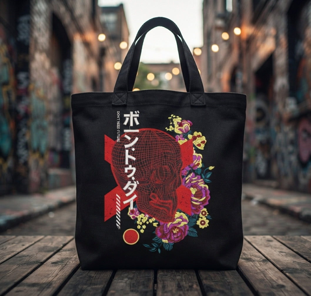 Japanese Cyberpunk Skull with Flowers Machine Embroidery Design – Edgy Streetwear Motif in 4 Sizes and Multiple Formats