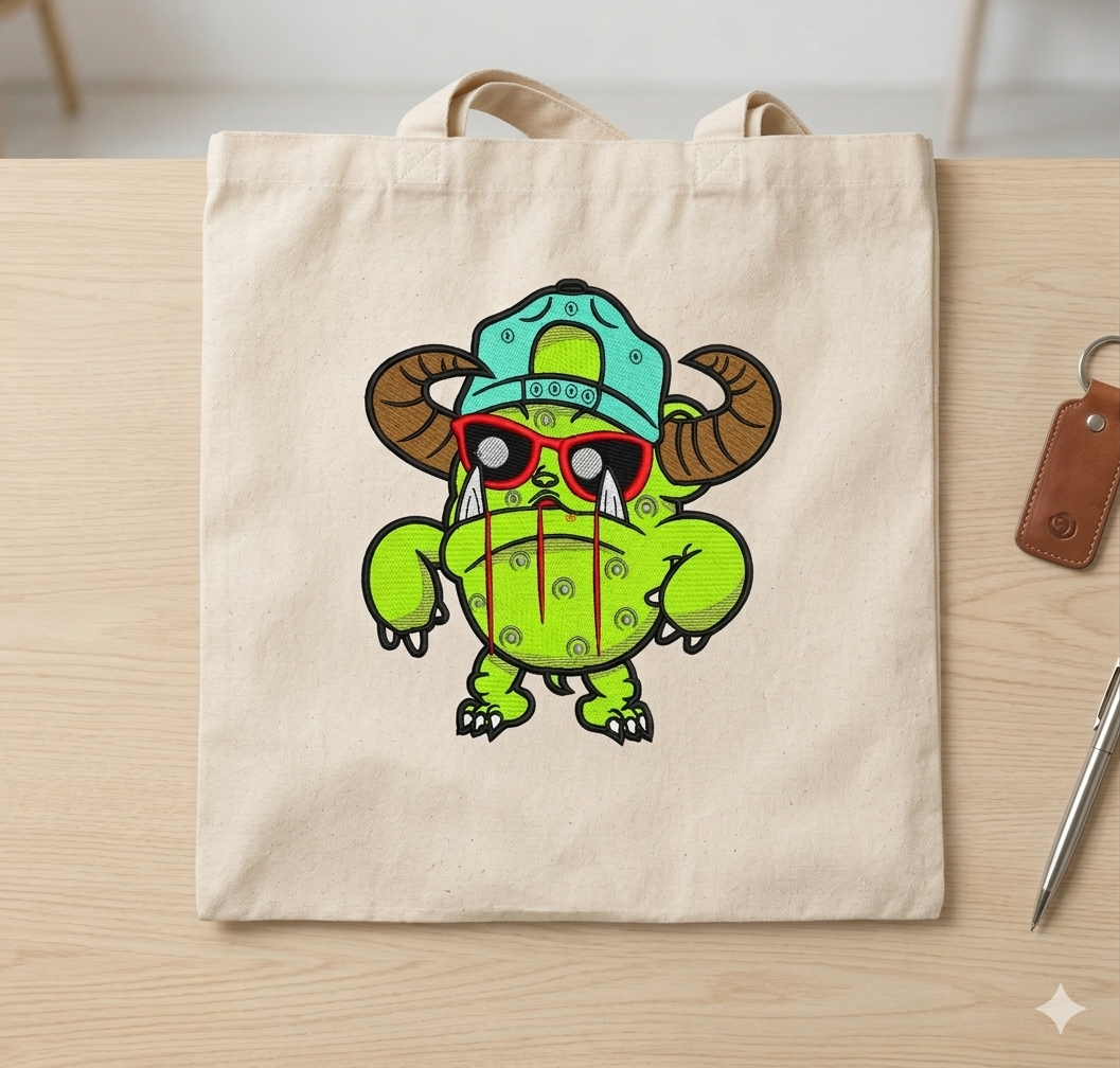 Horns Monster Embroidery Design, Cool Green Beast with Cap, 8 Formats 8 Sizes