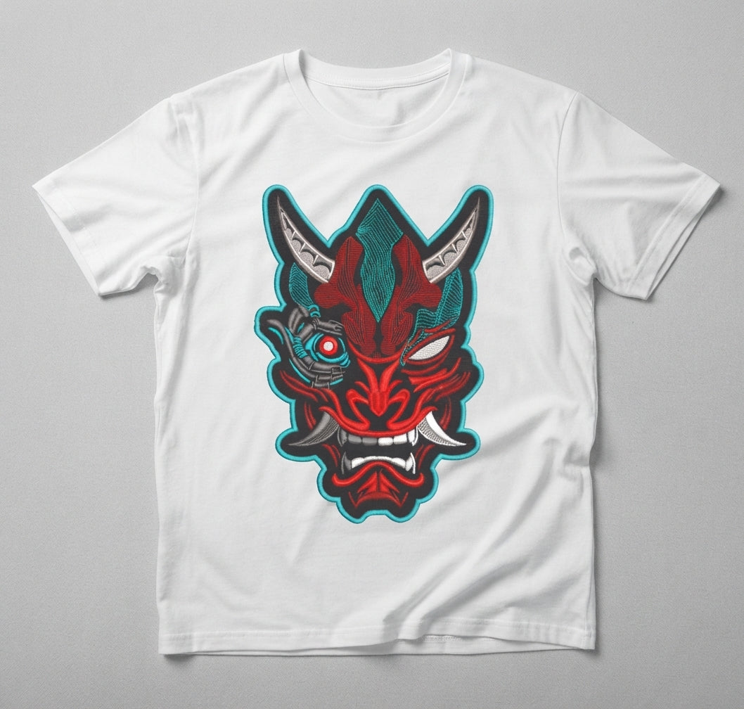 Cyberpunk Oni Mask Machine Embroidery Design - 8 Sizes & Multiple Formats