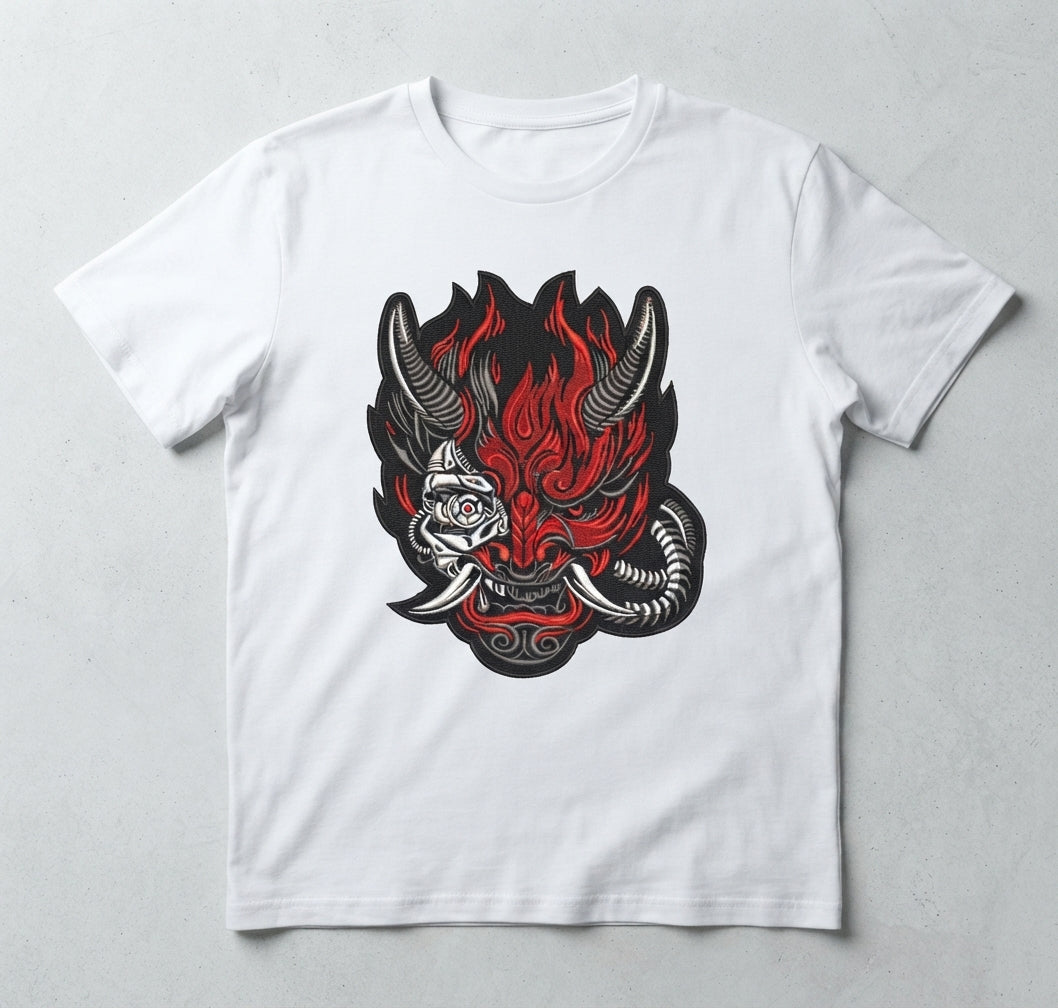 Cyberpunk Oni Mask Machine Embroidery Design, Japanese Demon Stitch File, 4 Sizes & 8 Formats