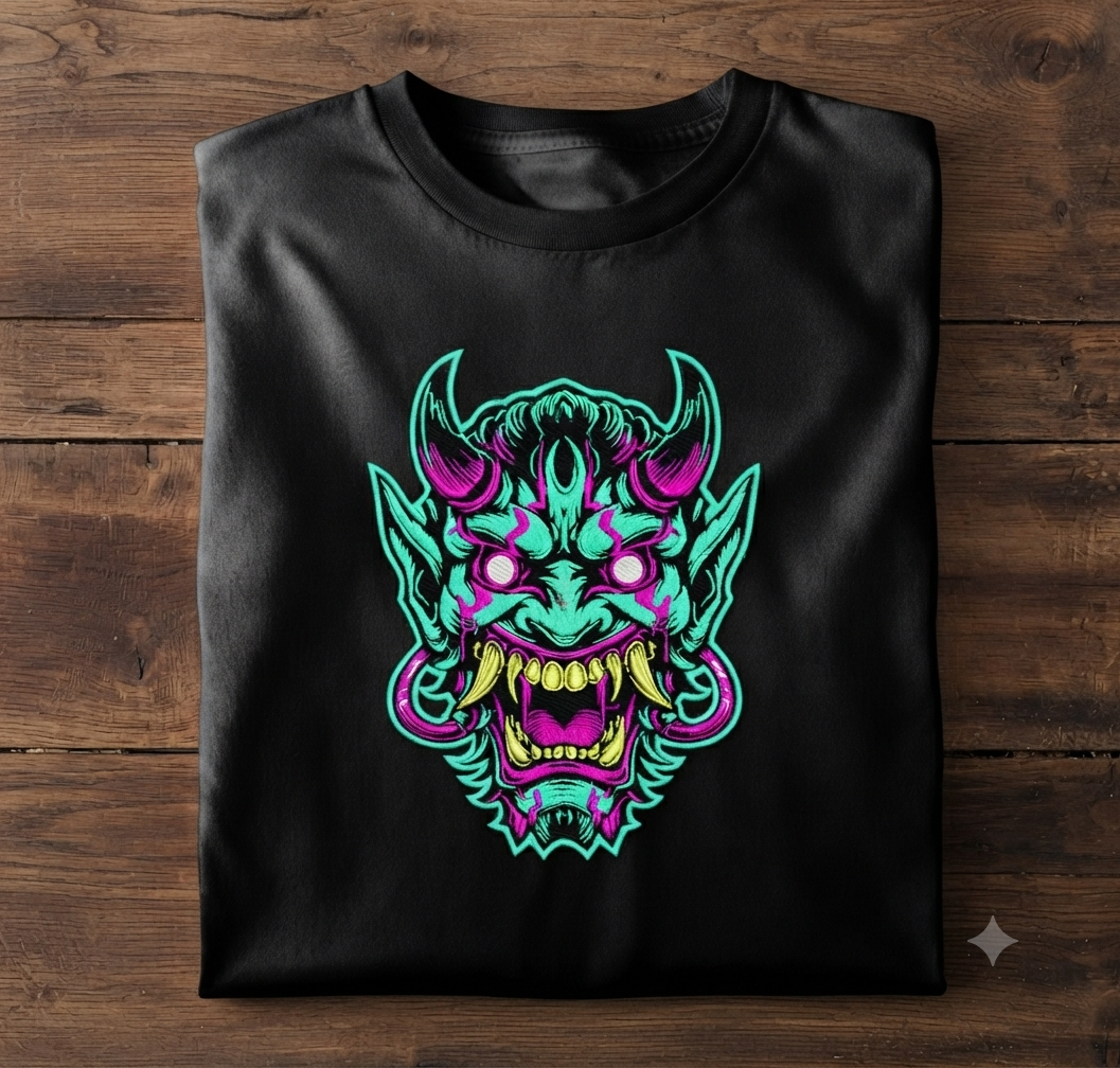 Neon Oni Mask Embroidery Design, Cyberpunk Hannya Digital File