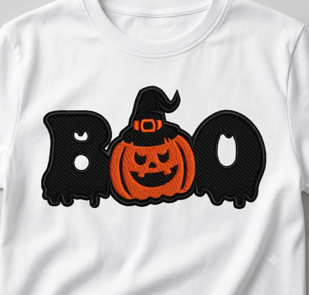 Spooky BOO Pumpkin Embroidery, Halloween Witch Hat Digital Design