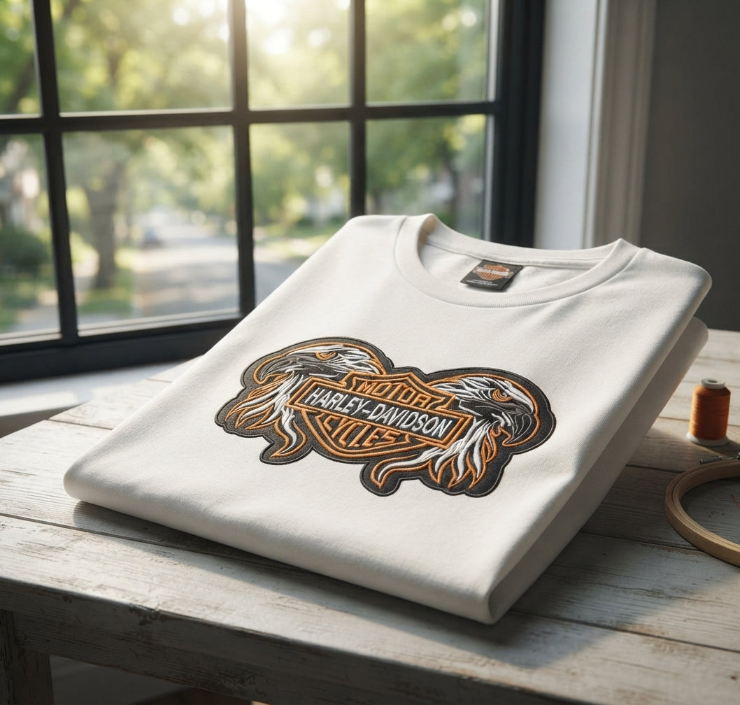 Harley Davidson Eagle Embroidery Design, Twin Eagles Motorcycle Machine Embroidery File, 8 Formats Digital Download