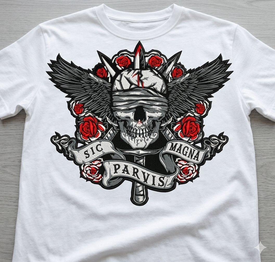 Sic Parvis Magna Skull Embroidery Design, Gothic Winged Skull Digital File