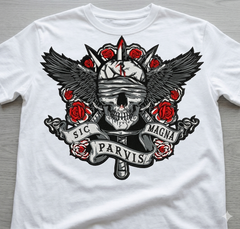 Sic Parvis Magna Skull Embroidery Design, Gothic Winged Skull Digital File