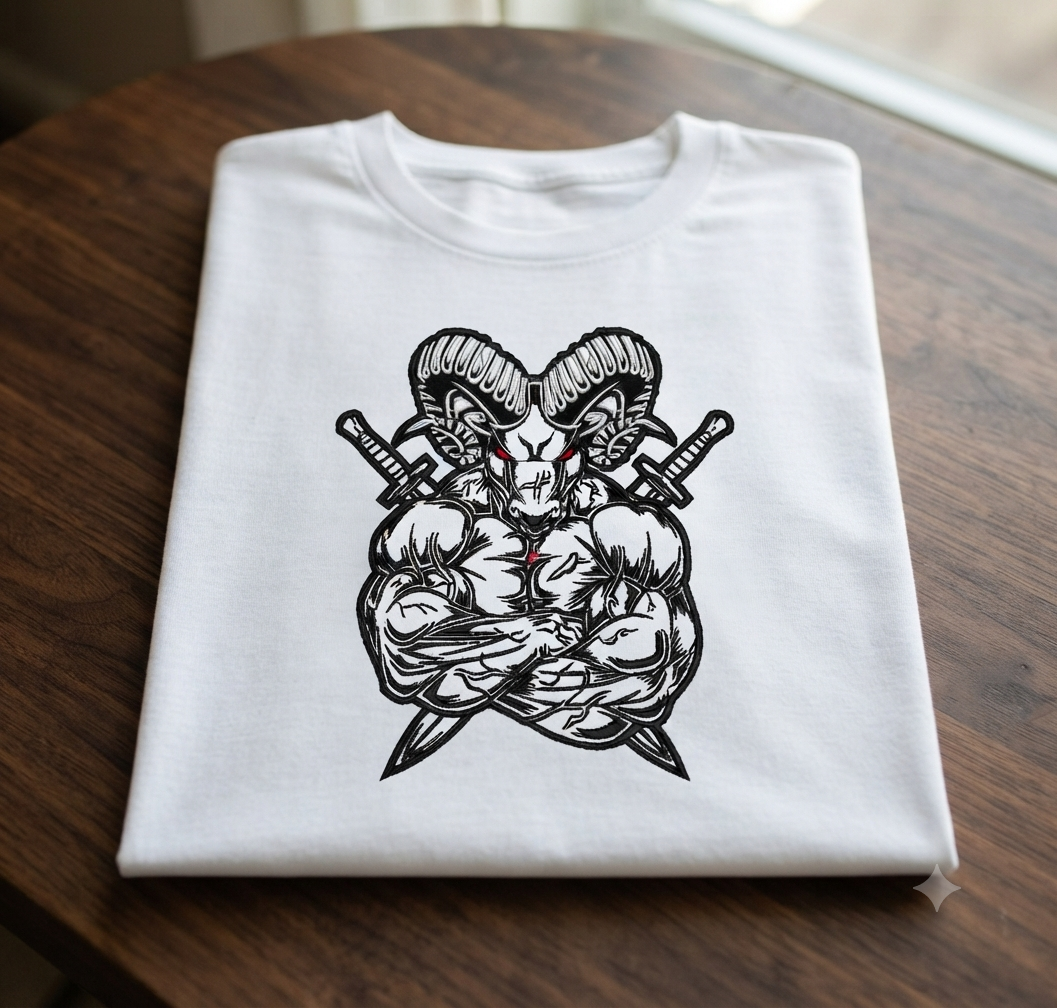 Muscular Ram Samurai Embroidery Design, Warrior Goat Machine Embroidery File