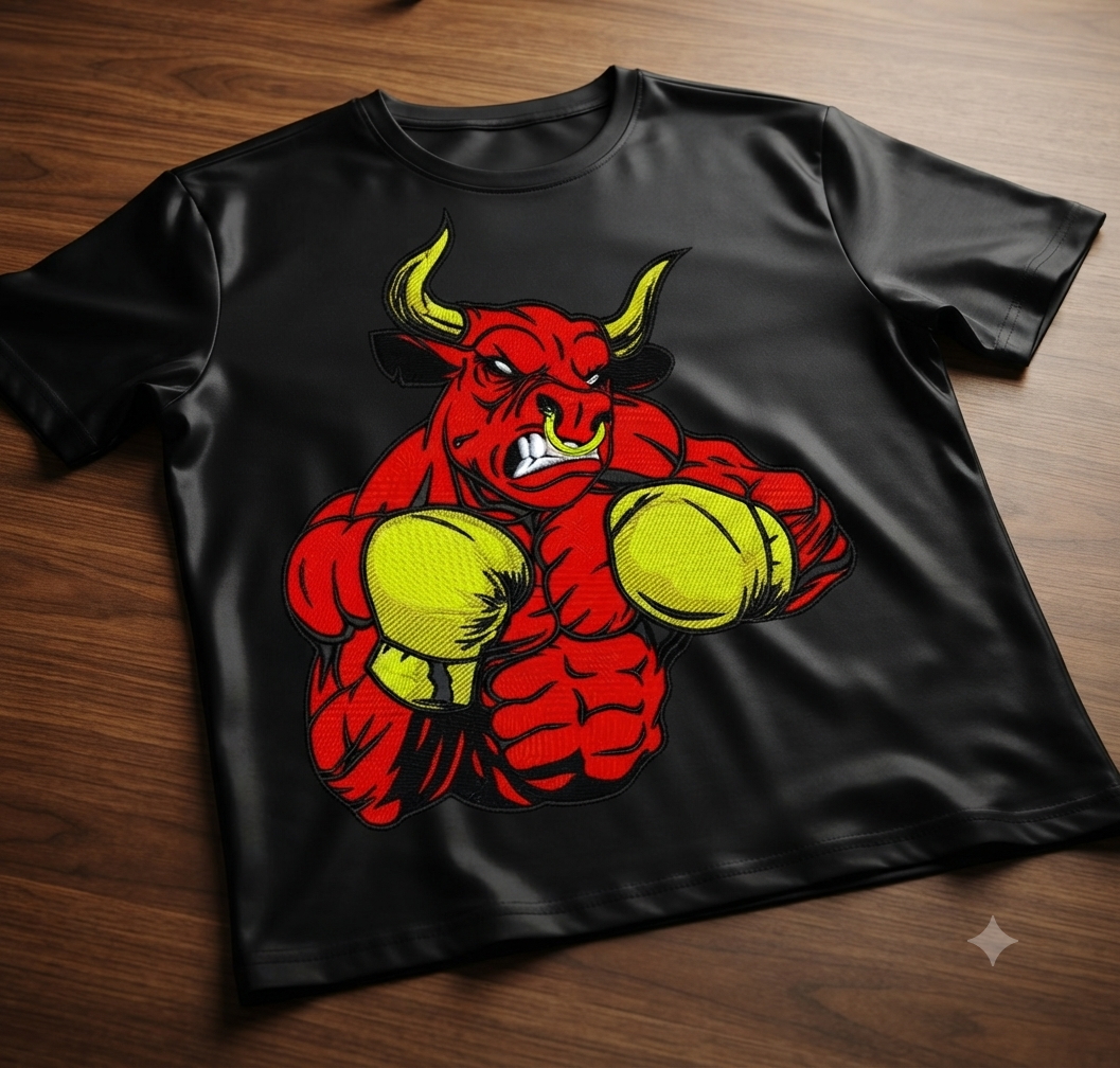 Boxing Red Bull Embroidery Design, Angry Bull Sports Machine File
