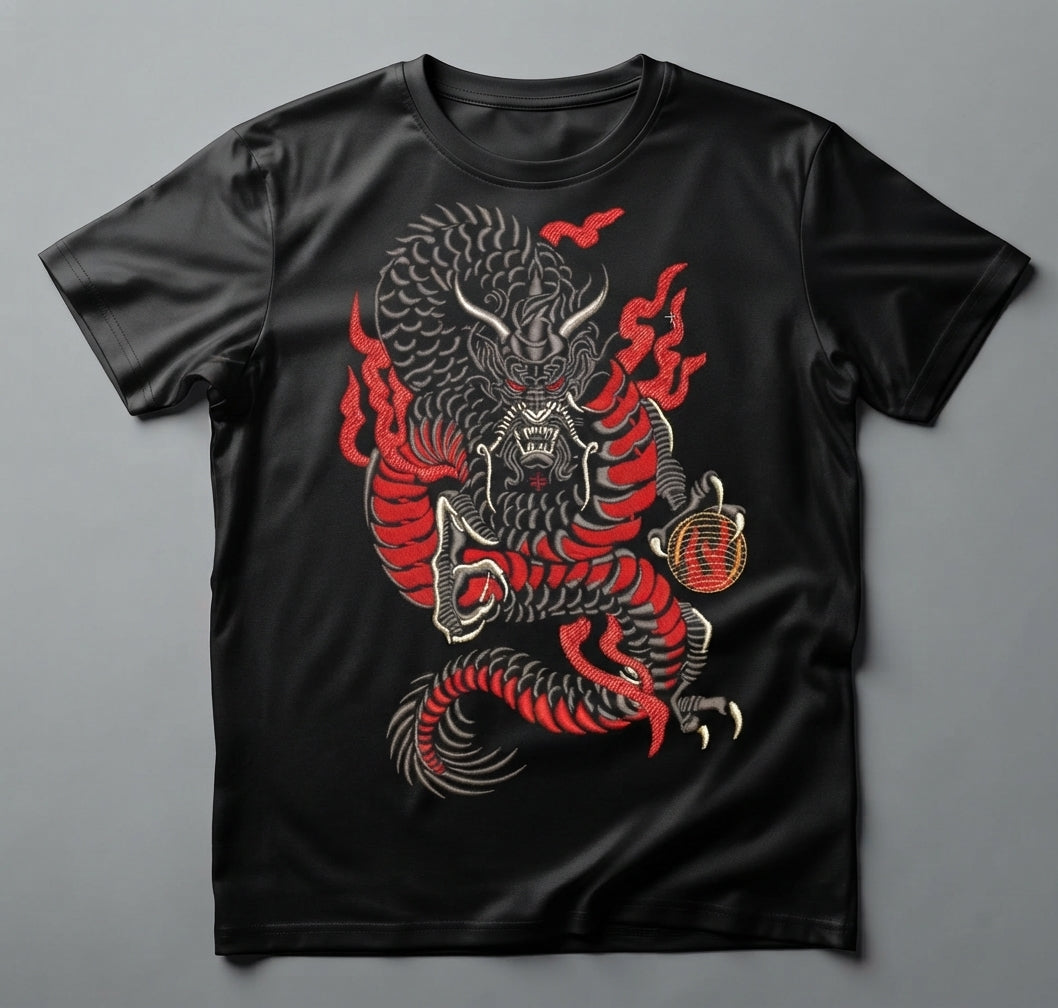 Japanese Yakuza Dragon Machine Embroidery Design, Fierce Mythical Dragon with Flames Embroidery File, 6 Sizes, 8 Formats
