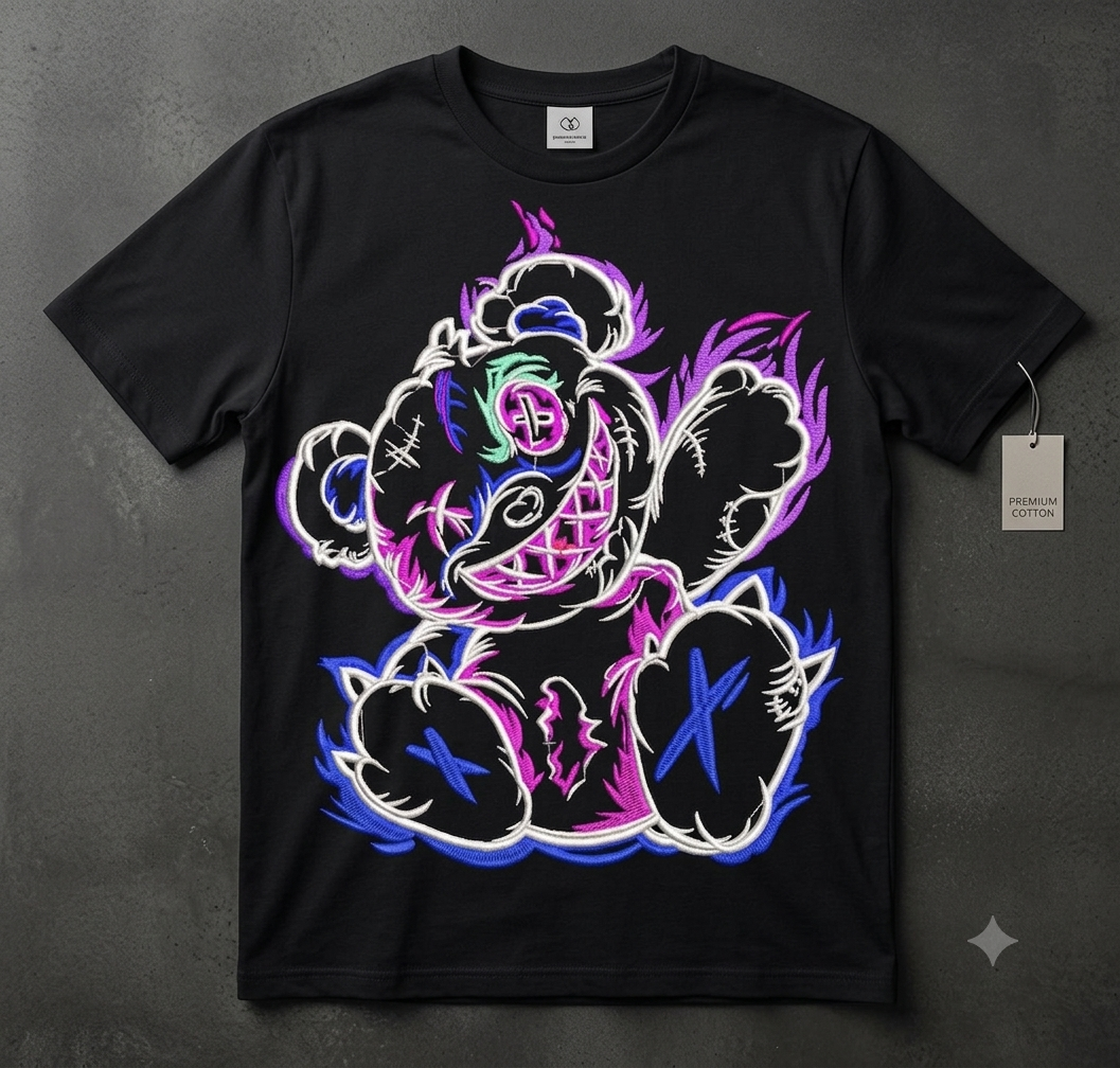Streetwear Bear Embroidery Design, 8 Sizes & 8 Formats, Edgy Punk Machine Pattern