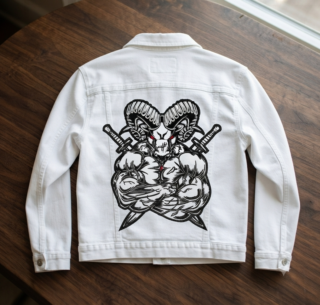 Muscular Ram Samurai Embroidery Design, Warrior Goat Machine Embroidery File
