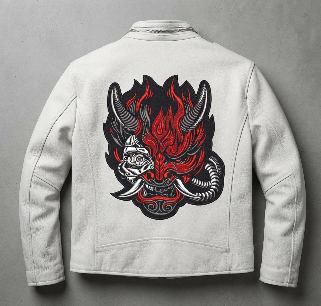 Cyberpunk Oni Mask Machine Embroidery Design, Japanese Demon Stitch File, 4 Sizes & 8 Formats