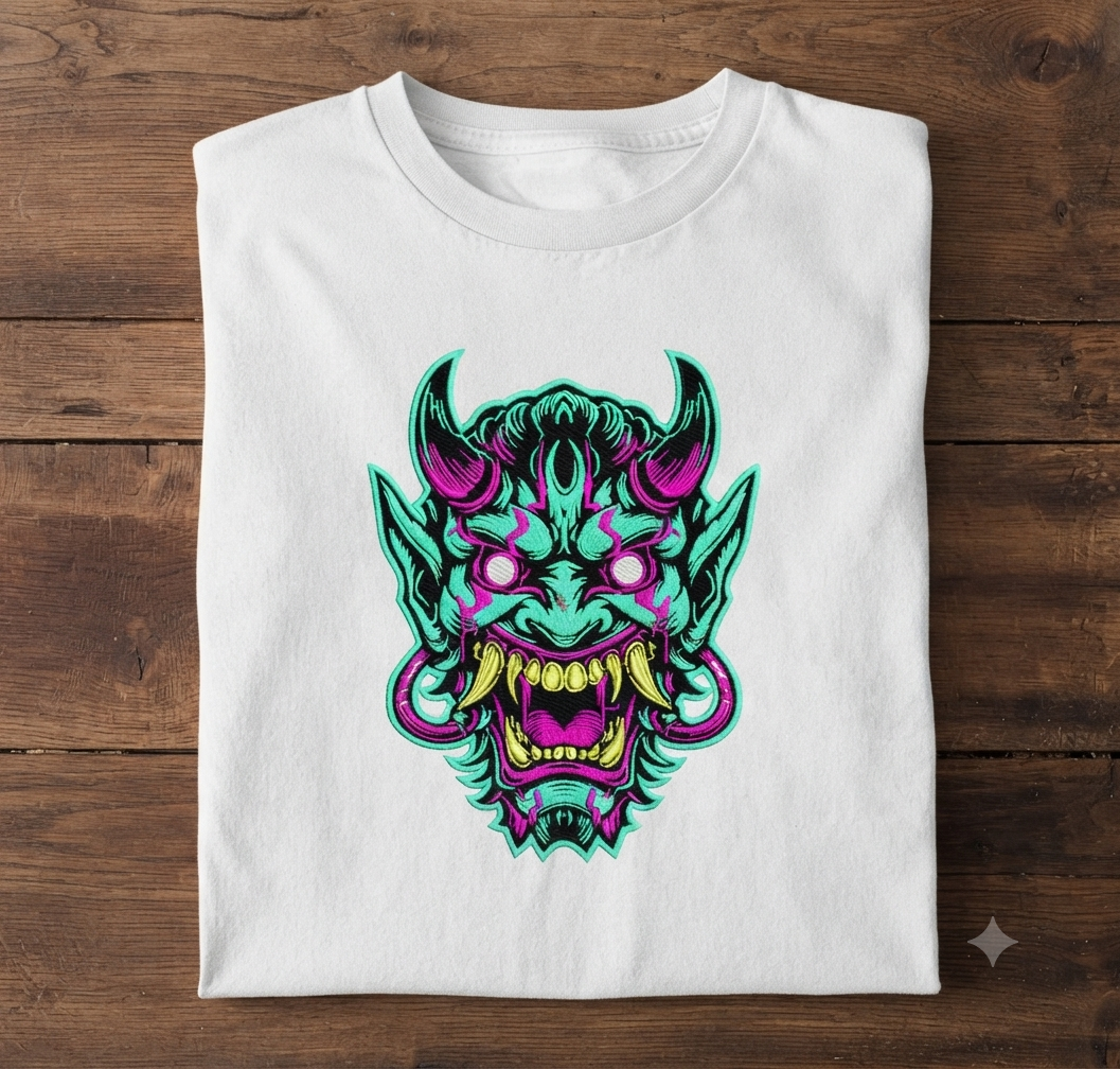 Neon Oni Mask Embroidery Design, Cyberpunk Hannya Digital File