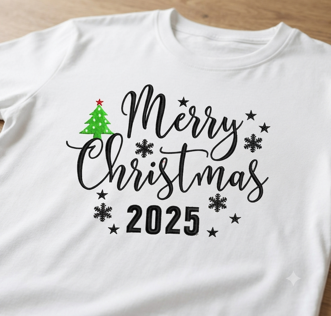 Merry Christmas 2025 Embroidery, Holiday Tree Digital File