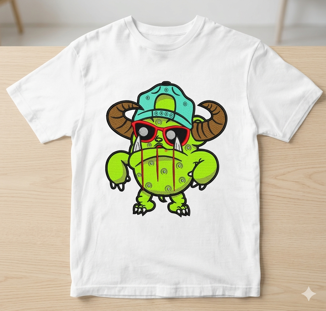 Horns Monster Embroidery Design, Cool Green Beast with Cap, 8 Formats 8 Sizes