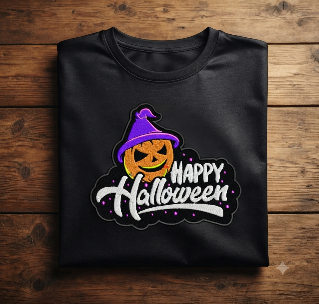 Happy Halloween Embroidery Design, Spooky Pumpkin Witch Hat Digital File