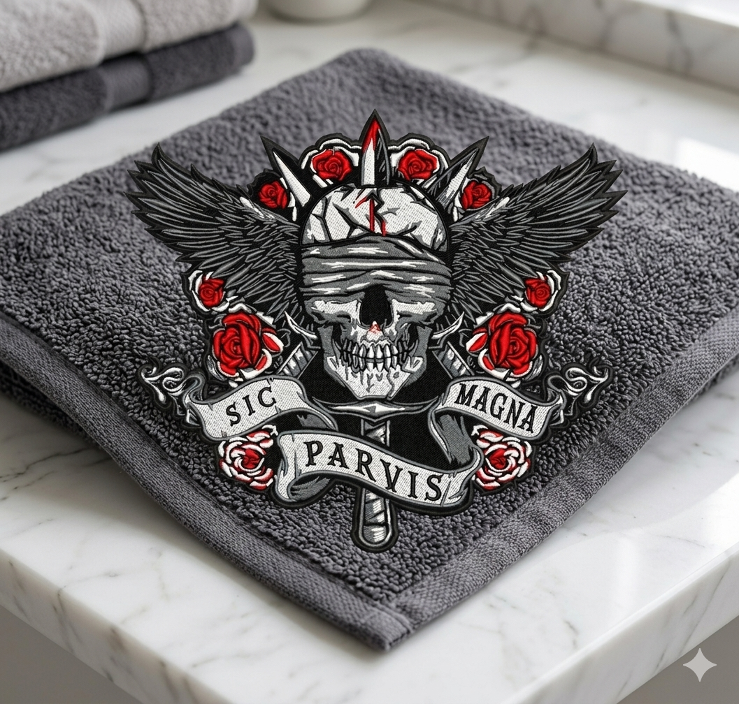 Sic Parvis Magna Skull Embroidery Design, Gothic Winged Skull Digital File