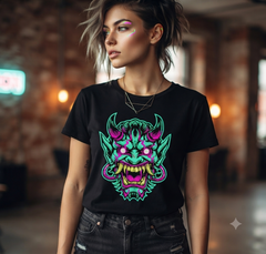 Neon Oni Mask Embroidery Design, Cyberpunk Hannya Digital File