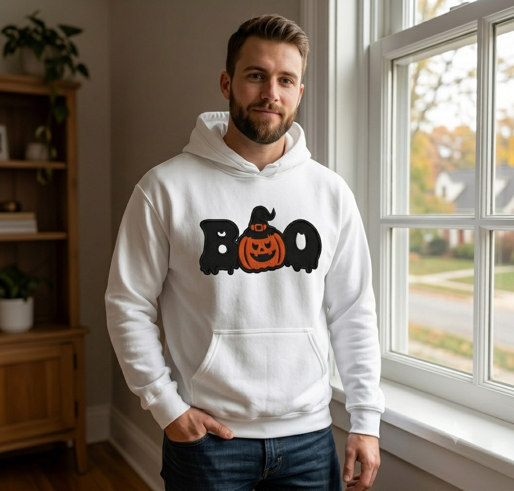 Spooky BOO Pumpkin Embroidery, Halloween Witch Hat Digital Design