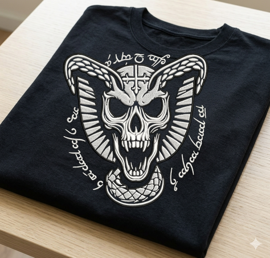 Gothic Cobra Skull Embroidery Design, Dark Occult Snake Digital File