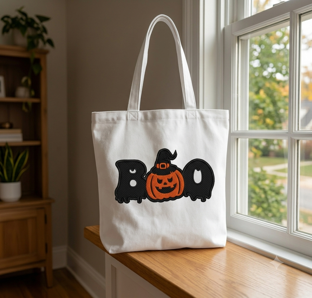 Spooky BOO Pumpkin Embroidery, Halloween Witch Hat Digital Design