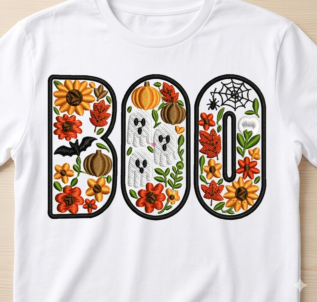 BOO Halloween Embroidery Design, Floral Ghost Pumpkin Digital File