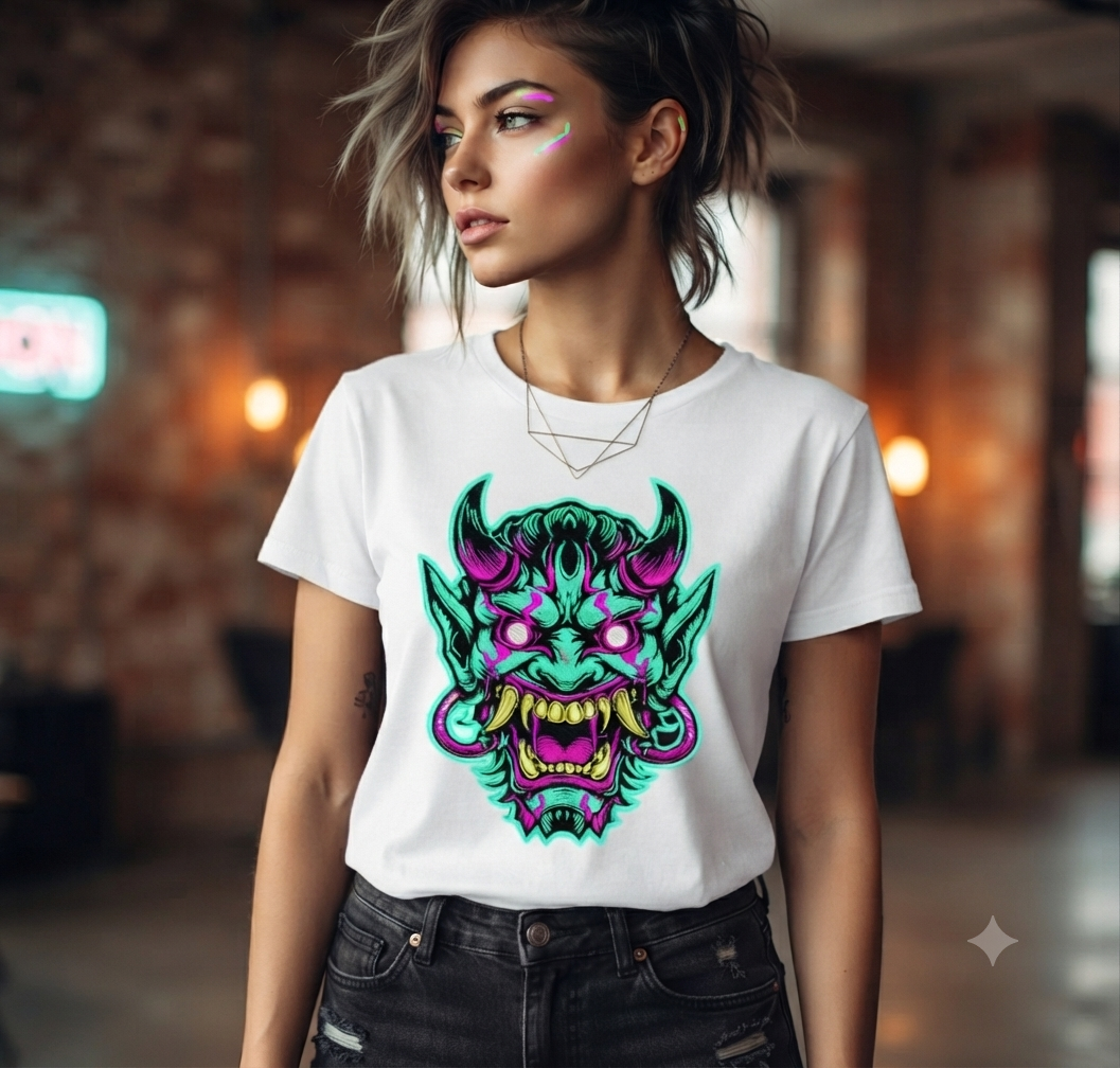 Neon Oni Mask Embroidery Design, Cyberpunk Hannya Digital File