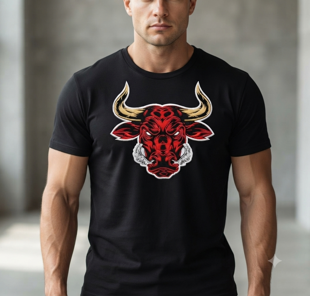 Red Bull Head Embroidery Design, Charging Bull Mascot Digital File