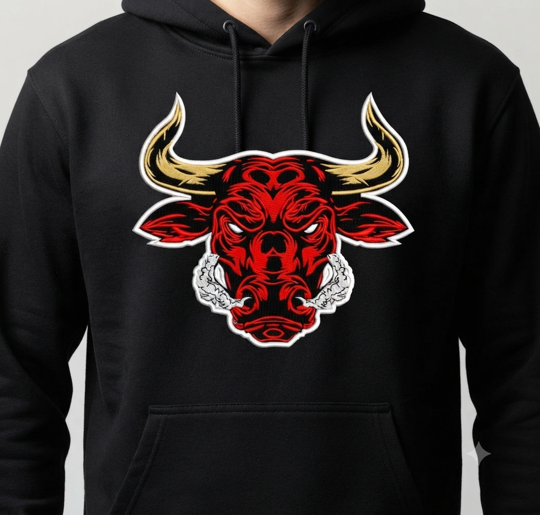 Red Bull Head Embroidery Design, Charging Bull Mascot Digital File
