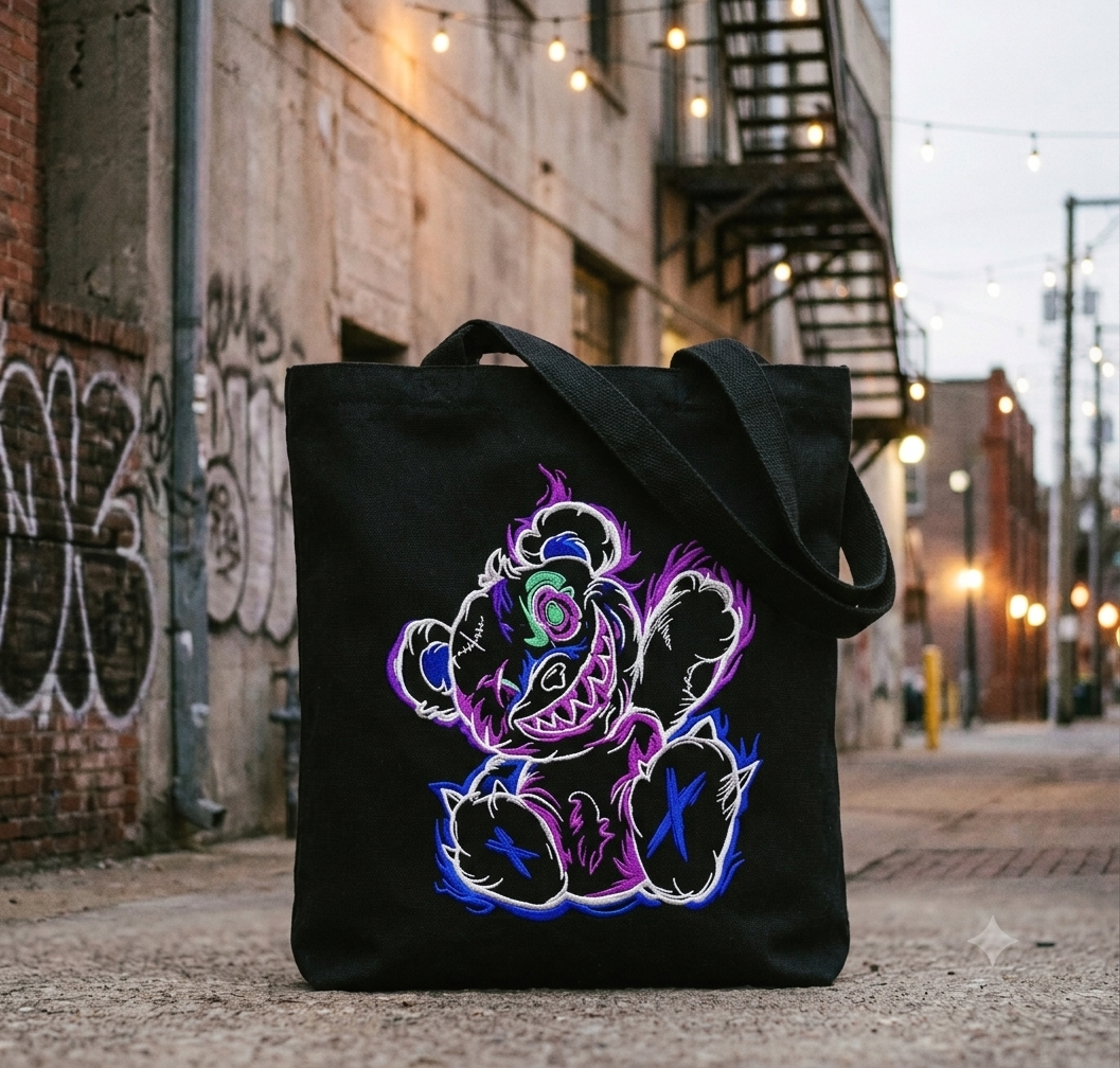 Streetwear Bear Embroidery Design, 8 Sizes & 8 Formats, Edgy Punk Machine Pattern