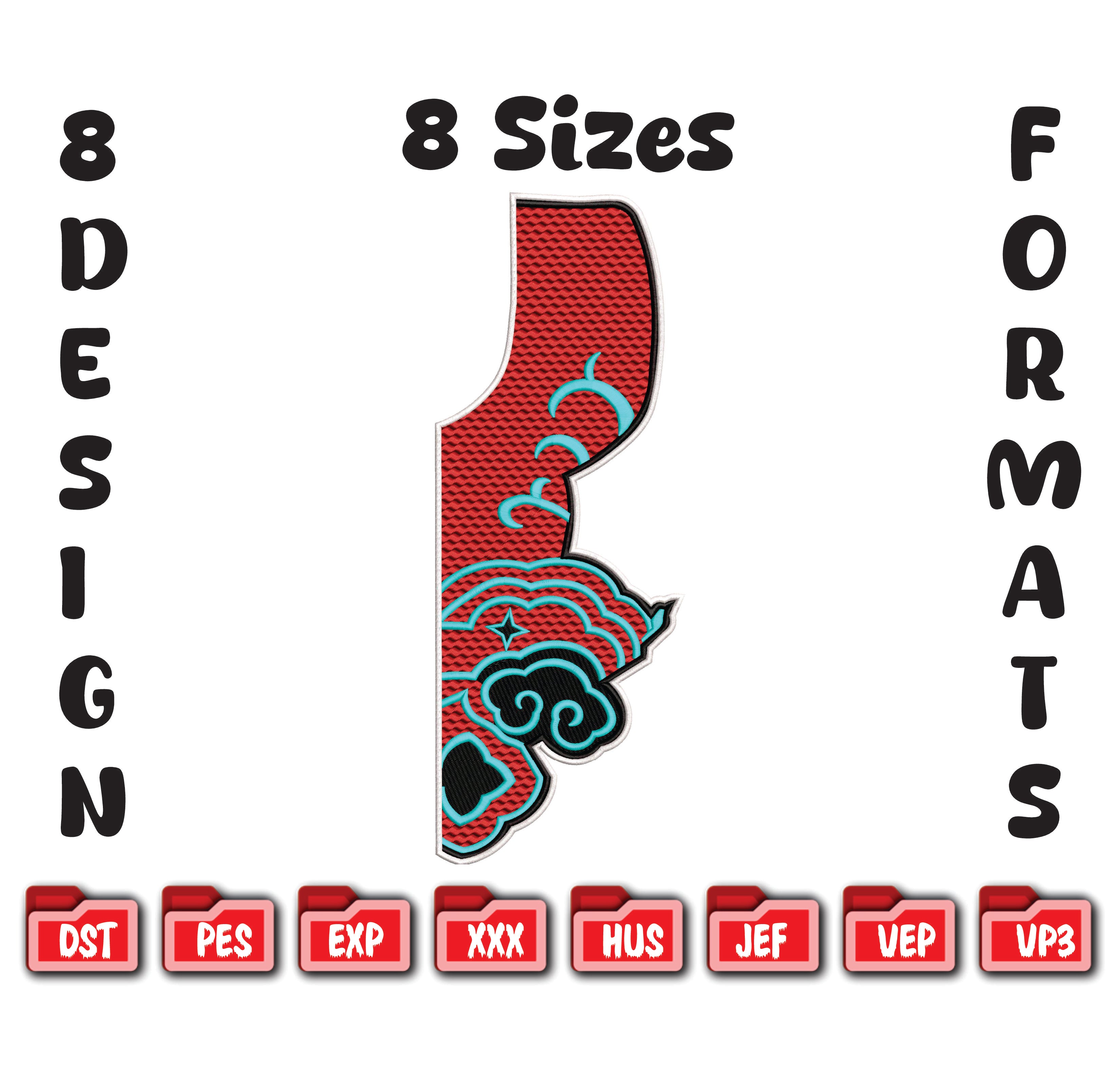 Red and green design with text indicating 8 sizes and formats on a white background