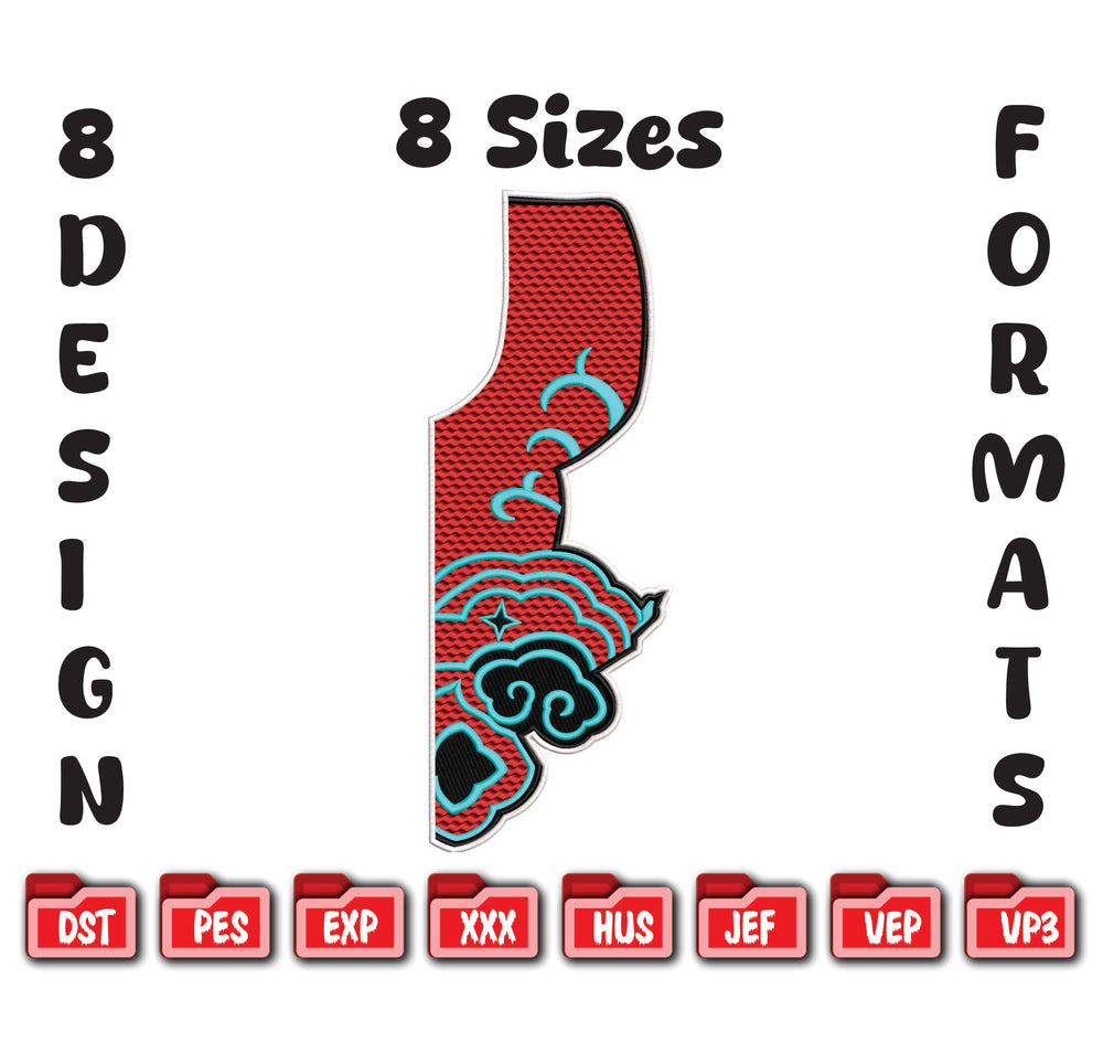 Red and green design with text indicating 8 sizes and formats on a white background
