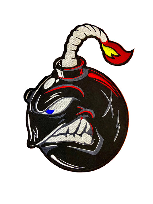 a black angry bomb embroidery patch cartoon patch


A black embroidered patch shaped like a cartoon bomb with a white cord on 
flame