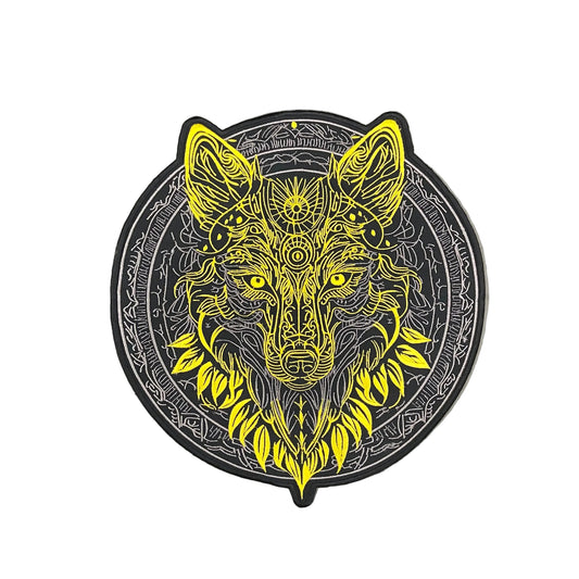 a golden wolf embelem patch

A circular black and yellow patch featuring a highly detailed, mandala-style wolf head illustration, displayed on a professional background.