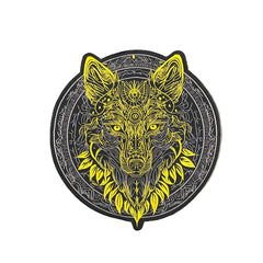 a golden wolf embelem patch

A circular black and yellow patch featuring a highly detailed, mandala-style wolf head illustration, displayed on a professional background.