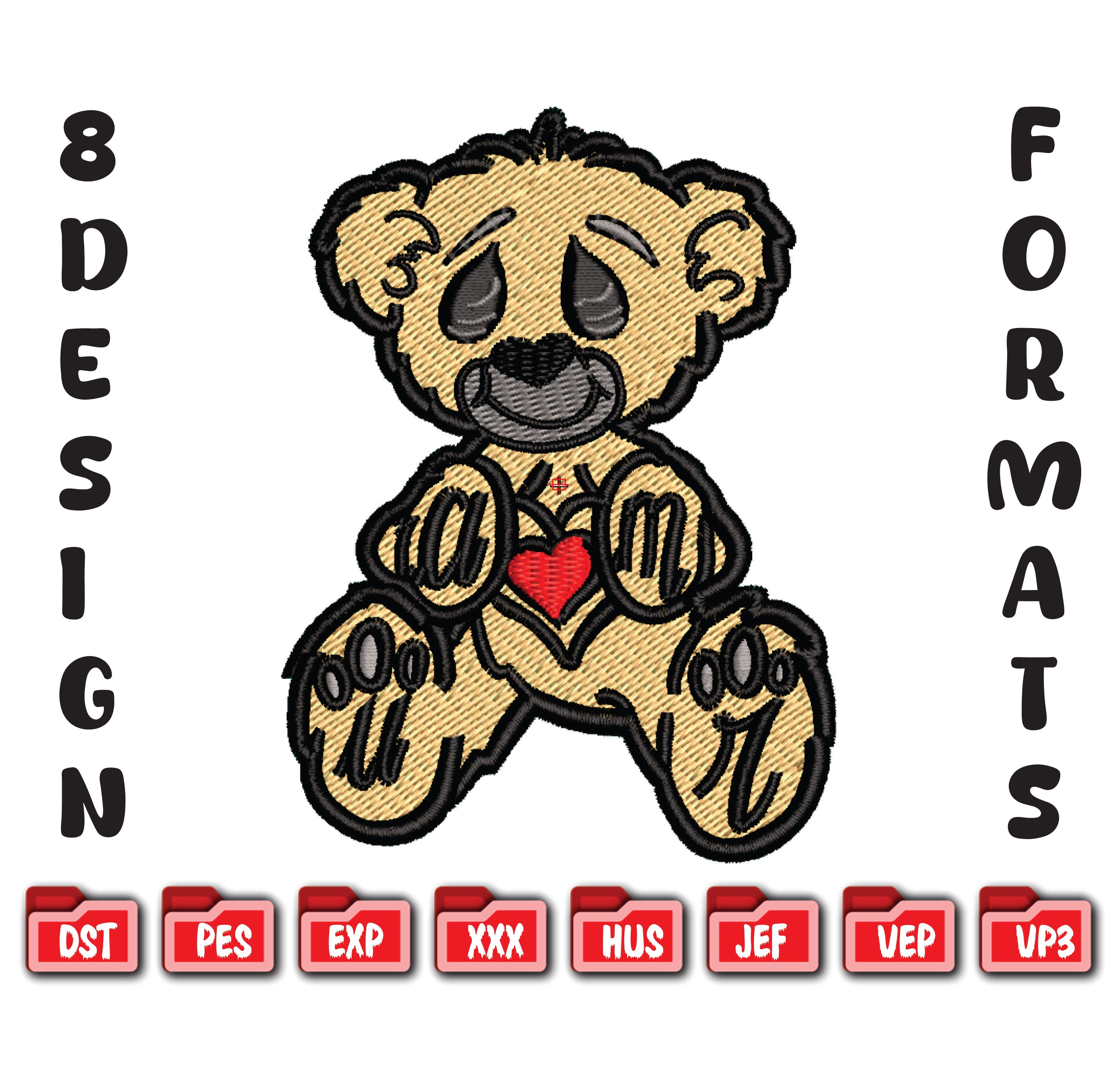 Sad Heart Bear Machine Embroidery Design, 8 Sizes & 8 Formats