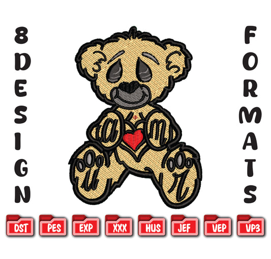 Sad Heart Bear Machine Embroidery Design, 8 Sizes & 8 Formats