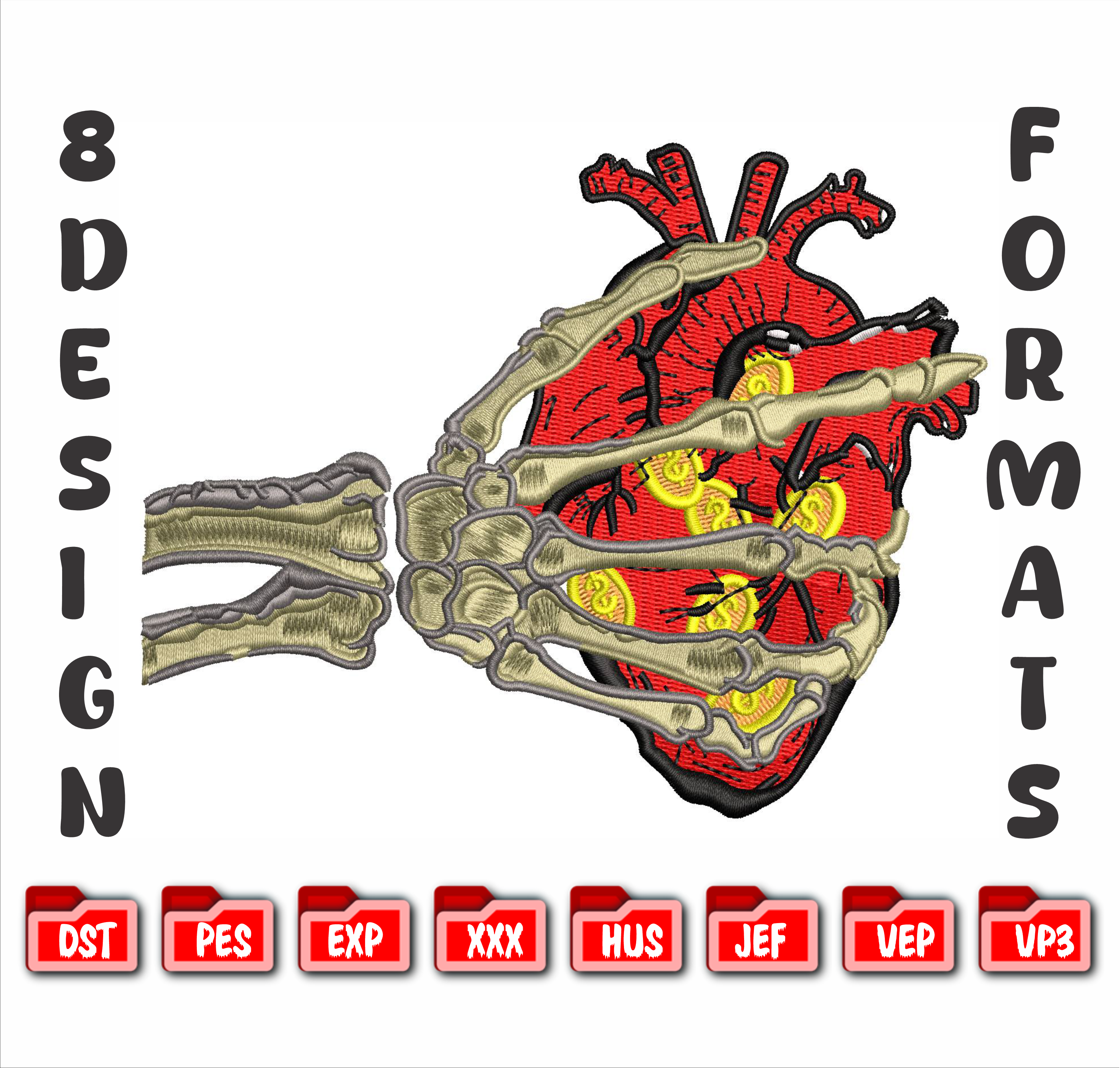 Skeleton Hand Heart Embroidery, Gothic Love Machine Design, 8 Formats Digital File
