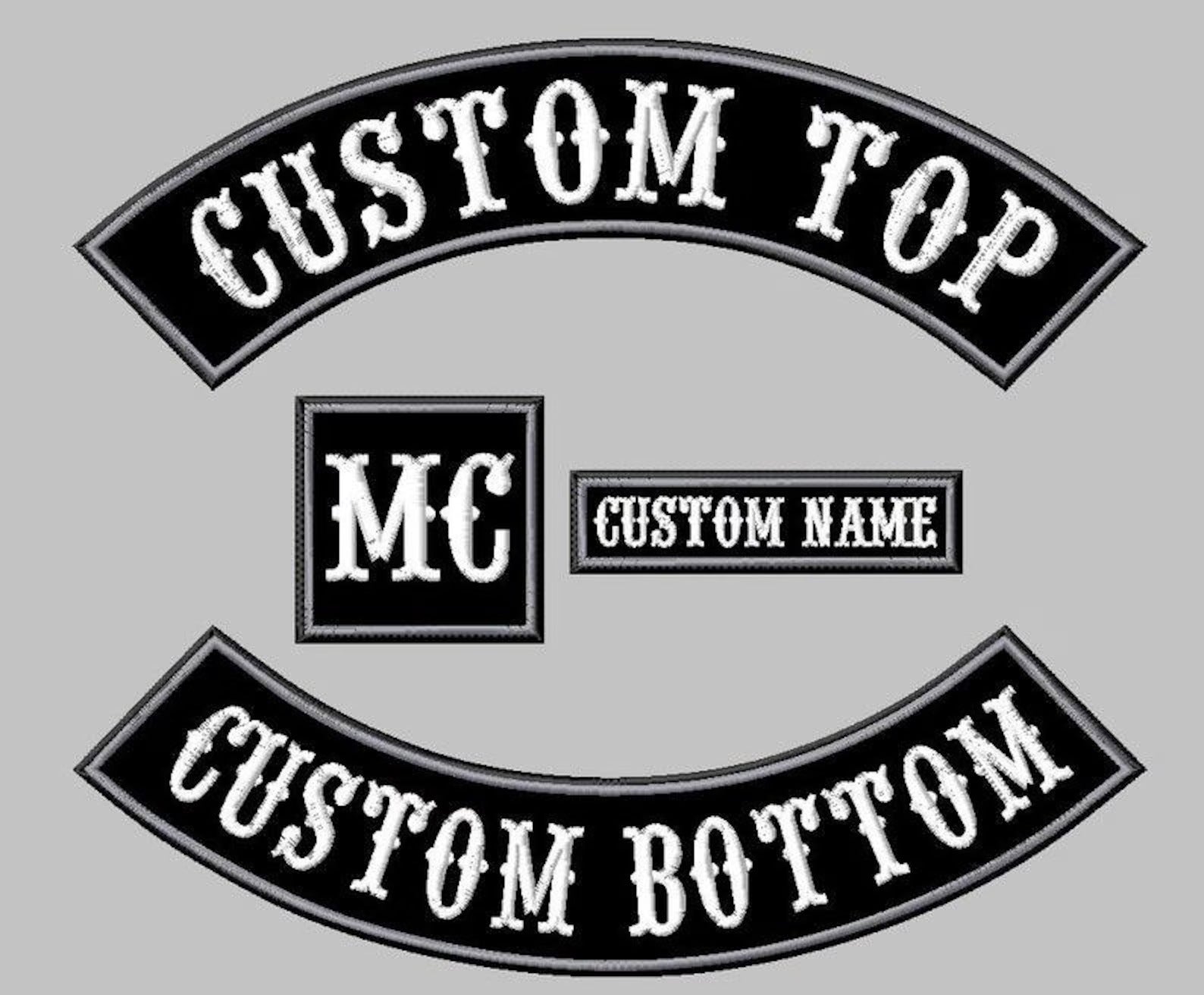 Two customizable patches with text on a gray background