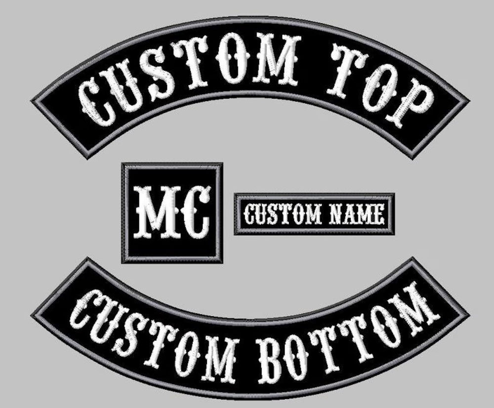 Two customizable patches with text on a gray background