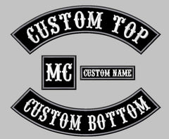 Two customizable patches with text on a gray background