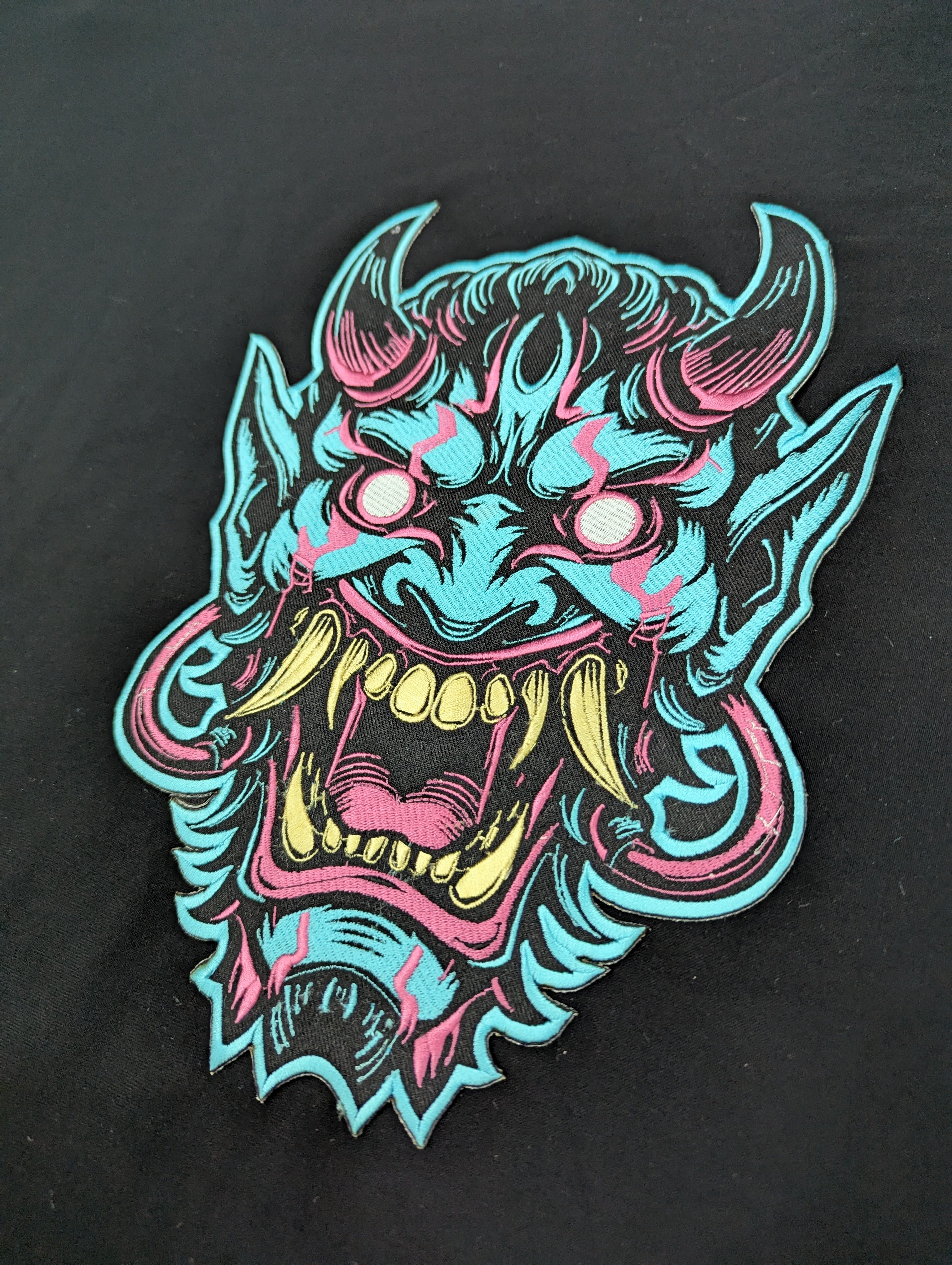 Oni Mask Embroidered Iron-On Patch | Japanese Demon Hannya Mask Tattoo Style | Yokai / Streetwear / Back Patch for Jacket | Cosplay Accesory