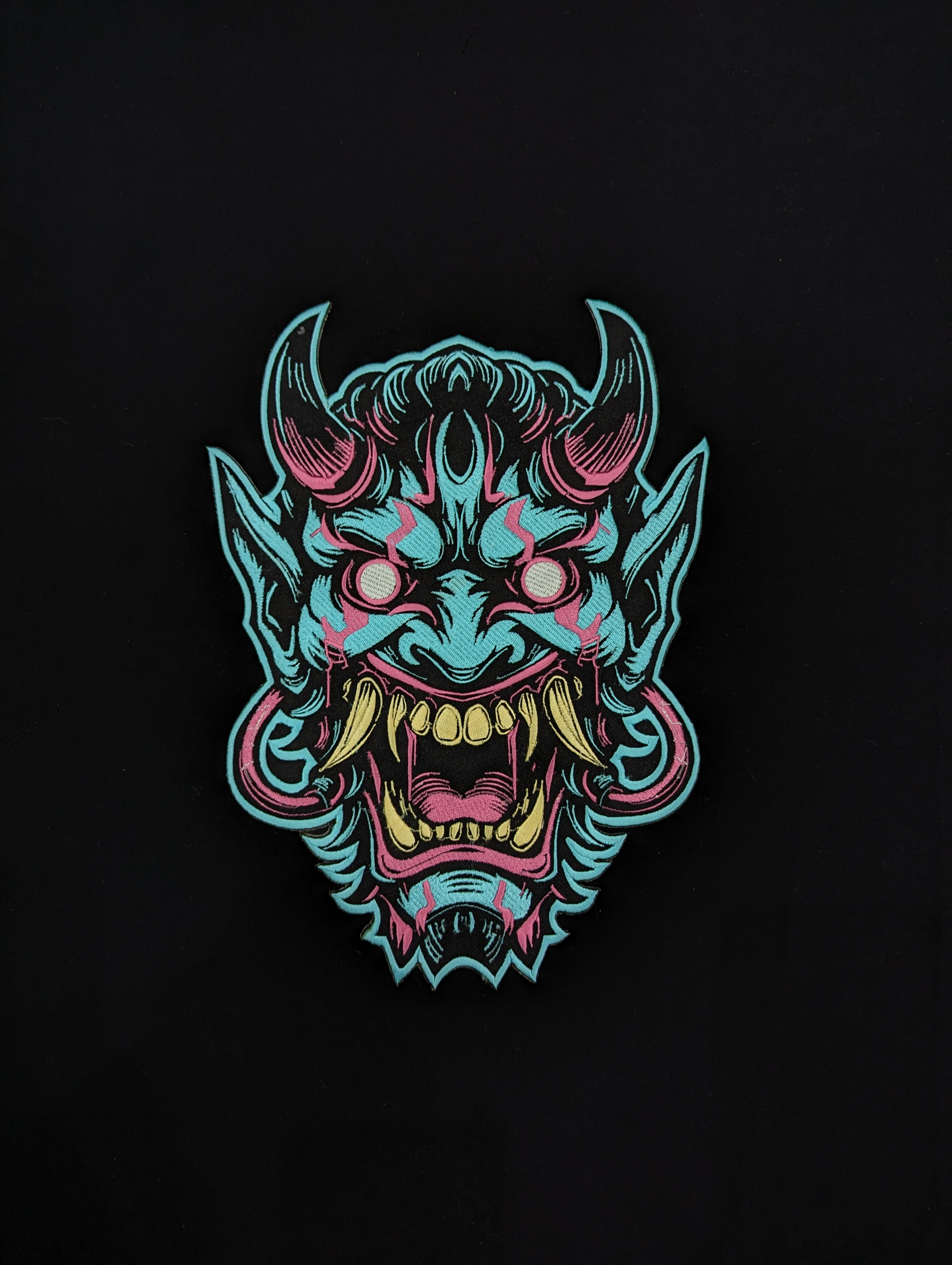 Oni Mask Embroidered Iron-On Patch | Japanese Demon Hannya Mask Tattoo Style | Yokai / Streetwear / Back Patch for Jacket | Cosplay Accesory