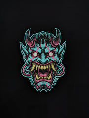 Oni Mask Embroidered Iron-On Patch | Japanese Demon Hannya Mask Tattoo Style | Yokai / Streetwear / Back Patch for Jacket | Cosplay Accesory