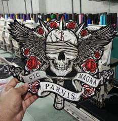 Large Skull Floral Iron-On Back Patch  | Gothic Rose Skull Applique for Jackets & Vests