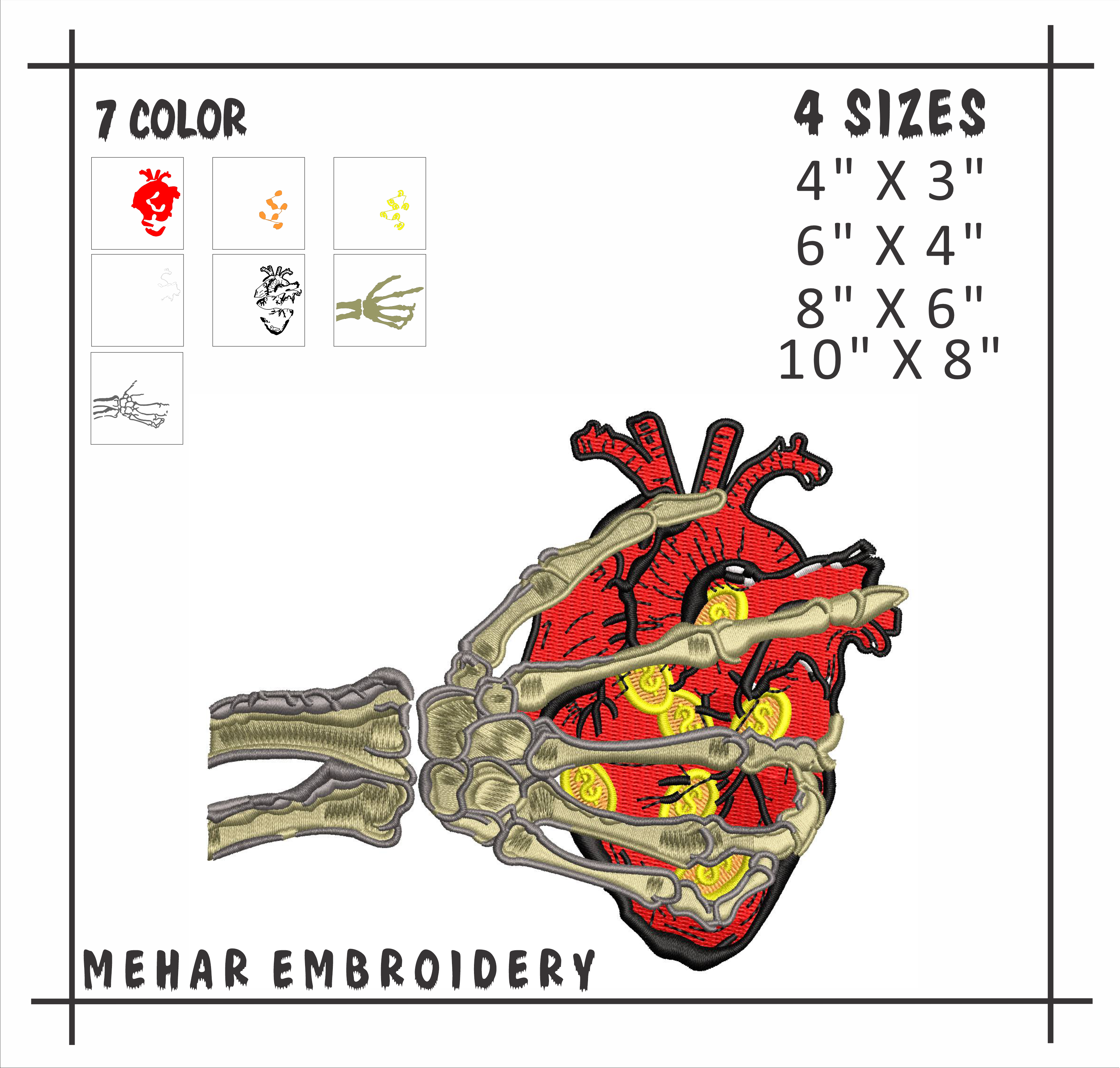 Skeleton Hand Heart Embroidery, Gothic Love Machine Design, 8 Formats Digital File